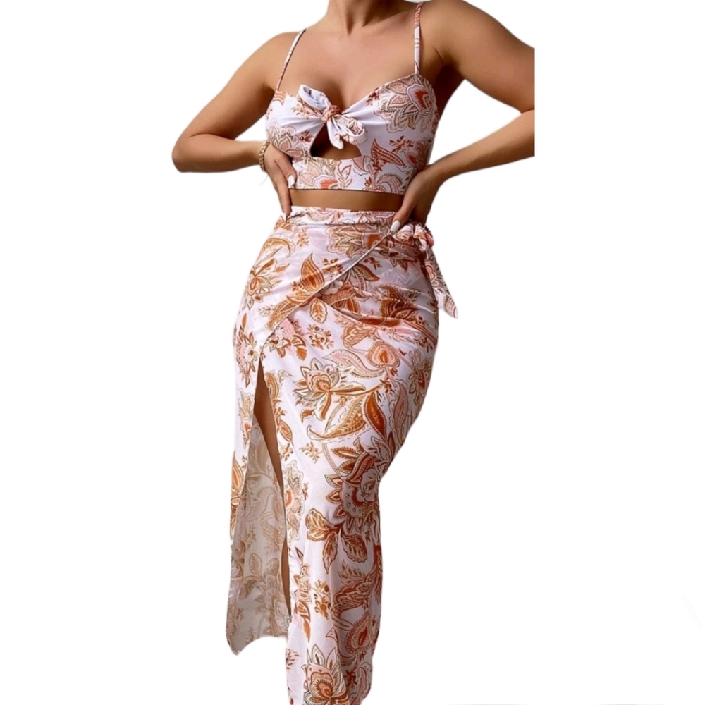 3 piece. Floral Print Knot Front High Cut Bikini Swimsuit & Beach Skirt. Size S